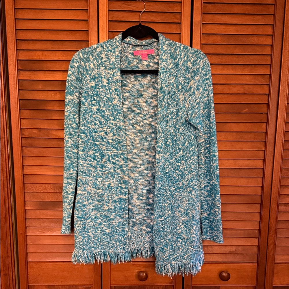 Lilly Pulitzer Blue Marled Fringe Open-Front Sweater Cardigan